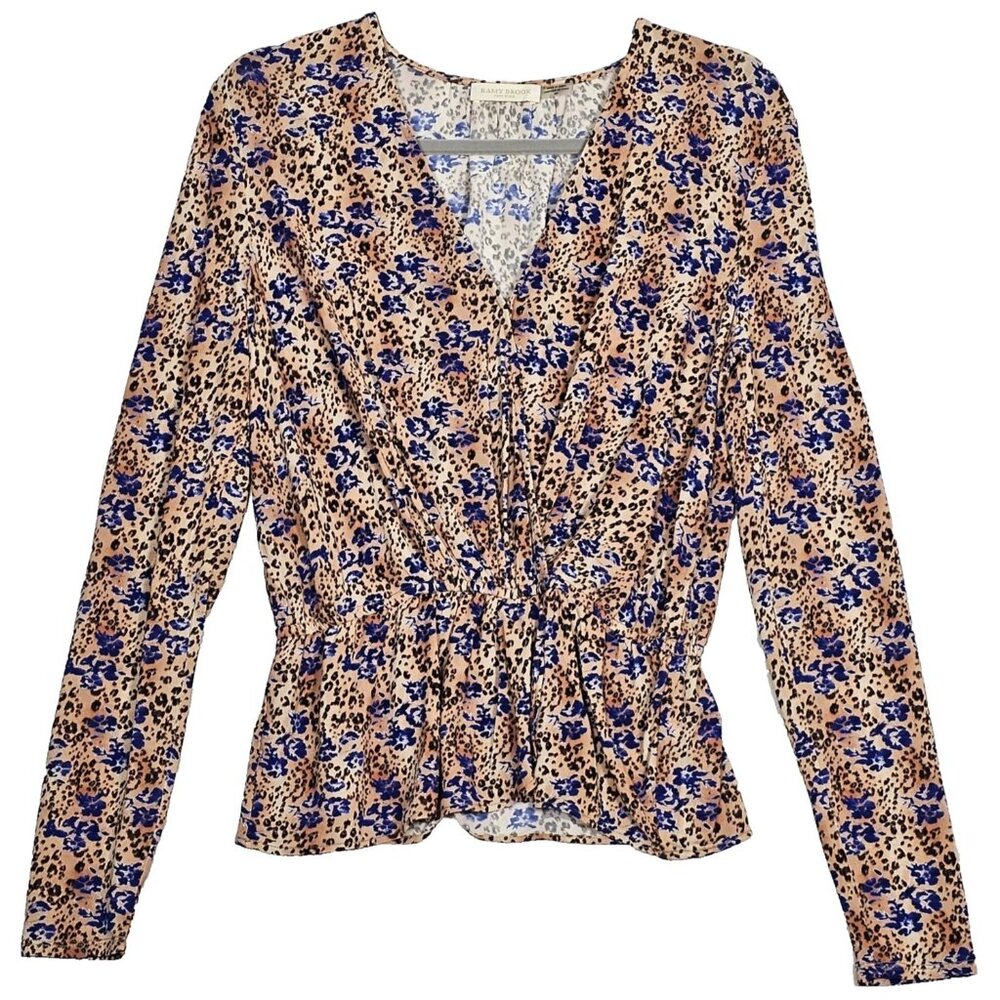 Ramy Brook Size Small Blouse V Neck Leopard Floral Peplum Hem Long Sleeve Top